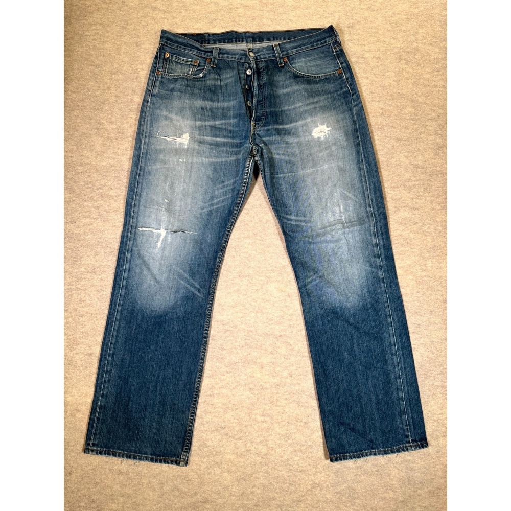 Levis 501‎ Authentic Jeans Mens 38x32 Blue Denim Cotton Straight Leg Distressed